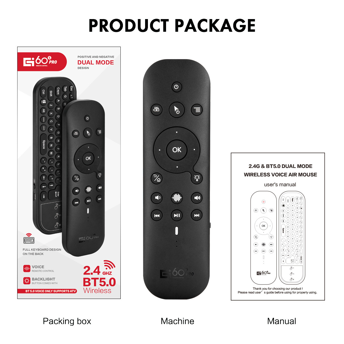 G60S Pro Air Mouse Wireless Voice Remote Control 2.4G Bluetooth Dual Mode IR Learning with Backlit for Computer TV BOX Projector