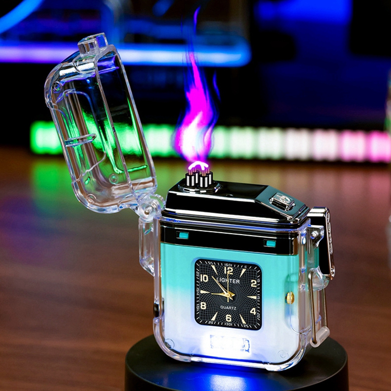 Smoking Transparent Colorful Clock Style Lighter Zinc Alloy Double ARC Windproof USB Cyclic Charging Portable Lighting Innovative Herb Cigarette Tobacco Holder