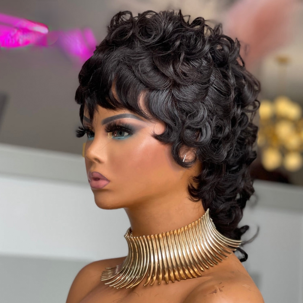 New India Virgin Human Hair Deep Wave Short Wig With Bangs 180%Density Glueless Full Lace Front Wigs For Women Black Color Pixie Cut Wigs