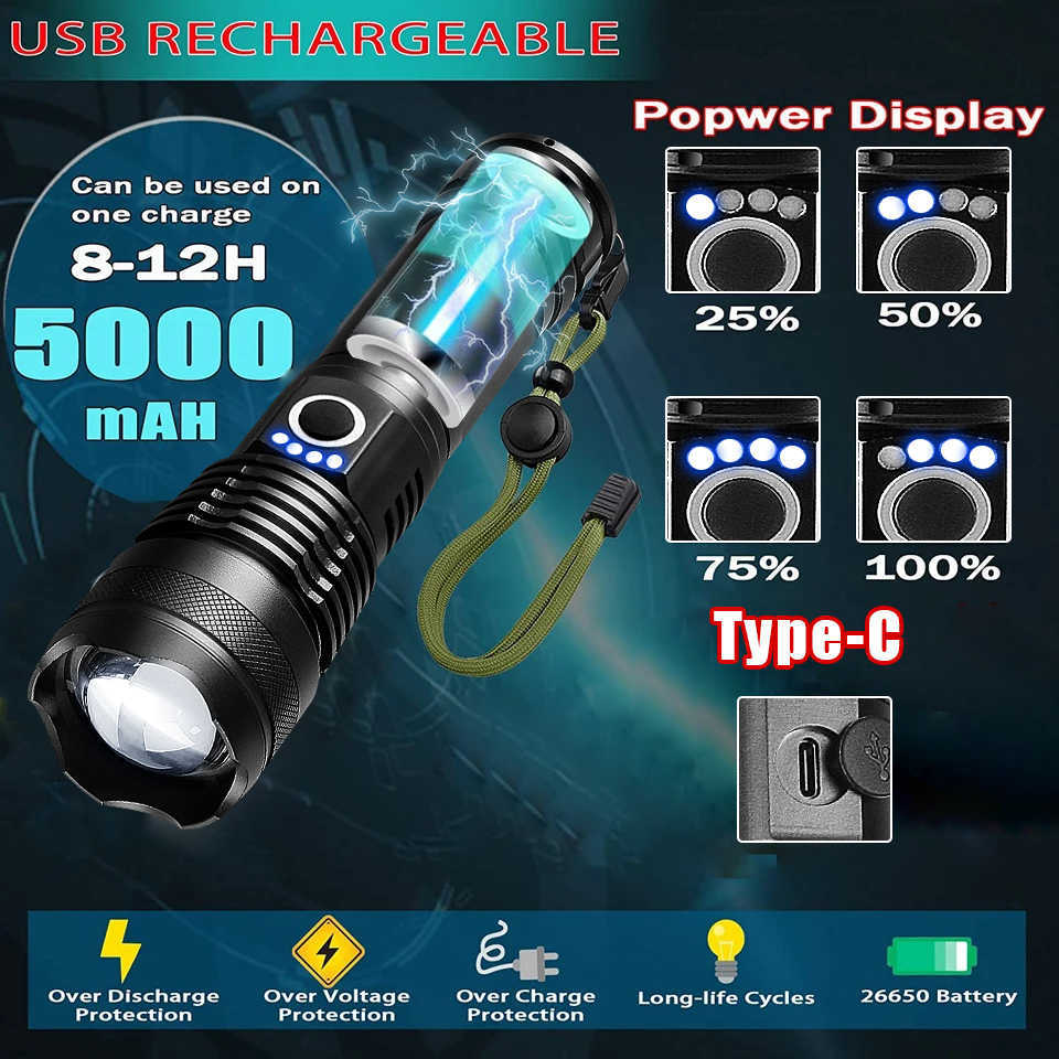 Lampes de poche torches XHP360 lampe de poche LED 18650 torche rechargeable 5000mAh XHP50 lampe de poche tactique avec charge USB lanterne étanche lampe de travail P230517