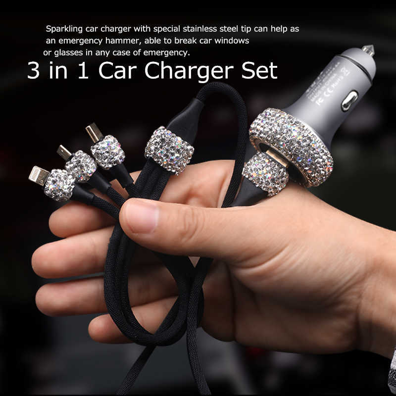 Ny glitterbil USB-telefonladdare Dual Adapter i fordon 3-i-1 Kabel C-typ Bling Diamond Interior Fast Charging Decor Män kvinnor