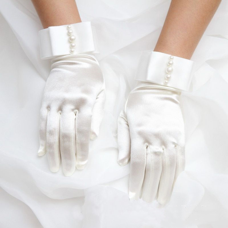 ST-0018-B Geschenkkleid Kurze Handschuhe Schleife Band Perle Hochzeit Party Elastischer Satin Gesichtsfarbe Fünf Finger getrennt