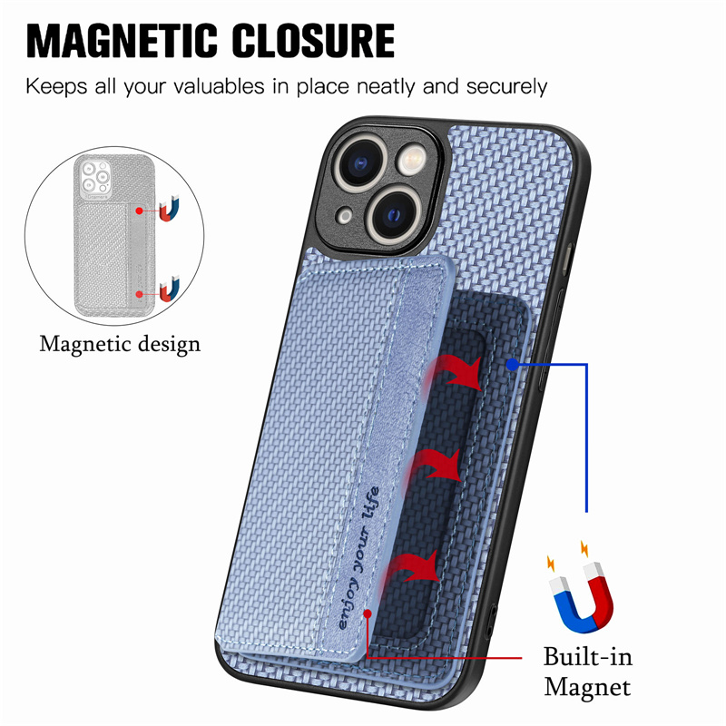 Magnetisk design kolfiberfodral för iPhone 14 Pro 12 11 13 Pro Max 13 Mini XS Max 7 8 6s Plus XR Kickstand Wallet Back Cover