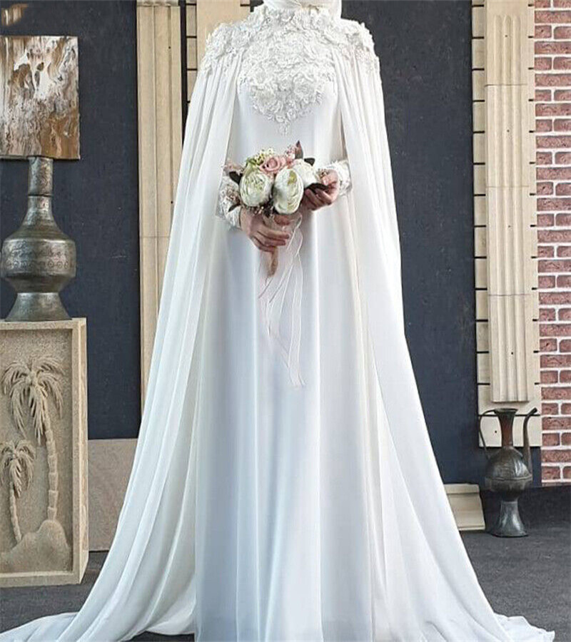 White Muslim Wedding Dress 2023 Islamic Elegant Caped Florals Lace Castle Bridal Gowns Long Sleeve Chiffon Dubai Arabic Bride vestido de noiva casamento Modest