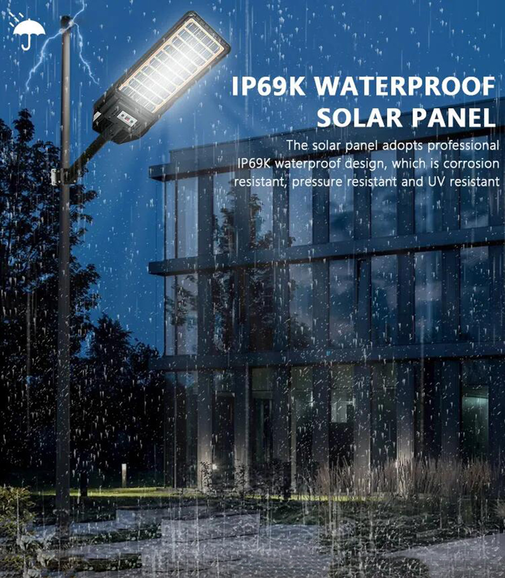 Lampadaires solaires extérieurs IP69 étanches avec charge double face lumière LED du crépuscule à l'aube pour cour, parking