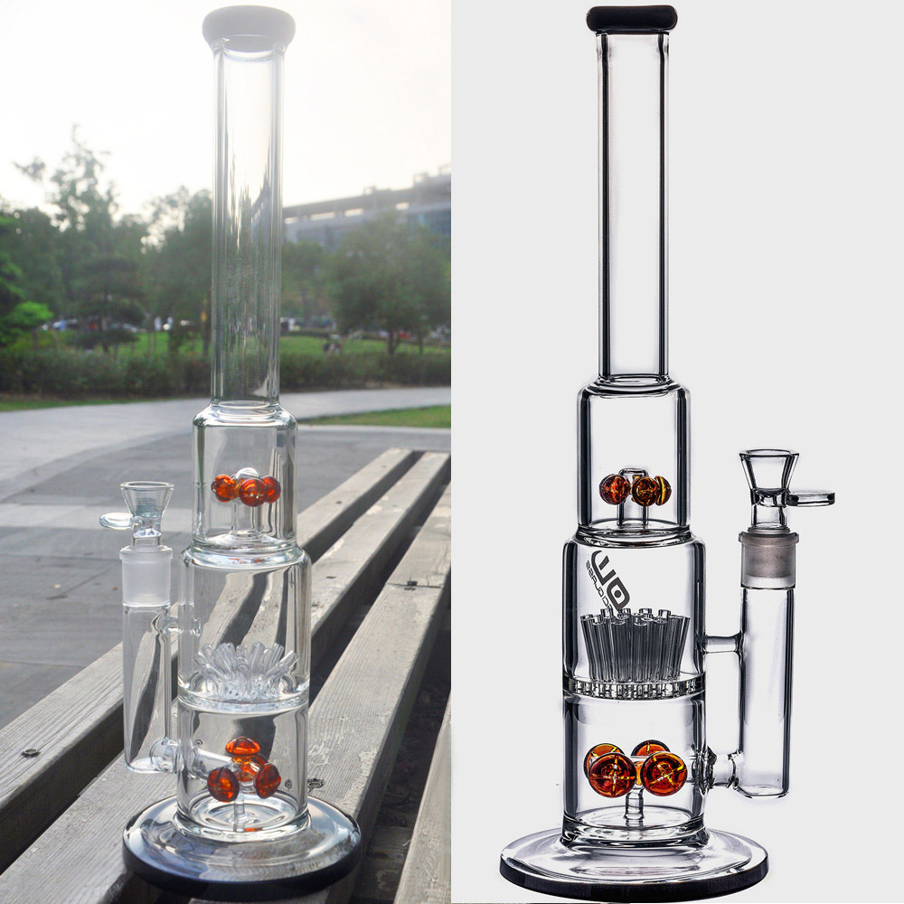 Tjock Tall Glass Bongs Big JM Flow Bong med armträdet Sprinkle Perc Rökning Vattenrör Recycler Dab Rig 18 mm Joint