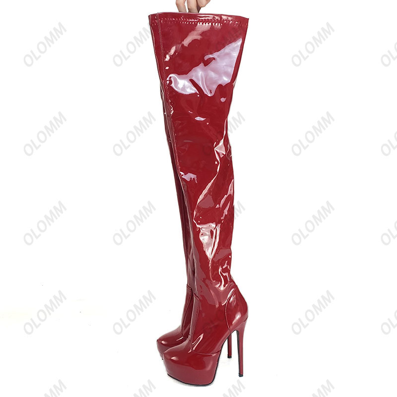 Olomm Wide Leg Customize Women Spring Stretch Thigh Boots Sexy Stiletto Heels Round Toe Pretty Red Club Shoes Plus US Size 5-20