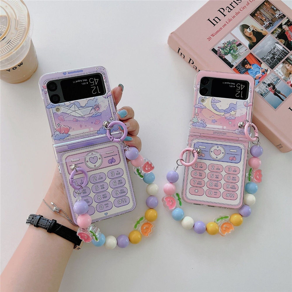 Cute Retro Mobile Phone Case for Samsung Galaxy Z Flip4 3 Hinge Full Cover Rainbow Beads Strap