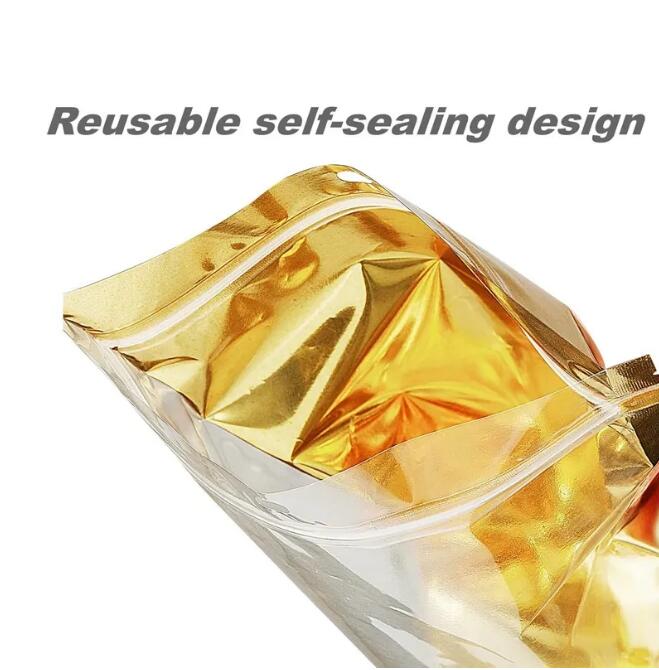 Guld Stand Up Self Seal Mylar Påsar Återförslutningsbara glansiga aluminiumfoliepåse med tydligt framfönster för matlagringsbehållare Organiserare