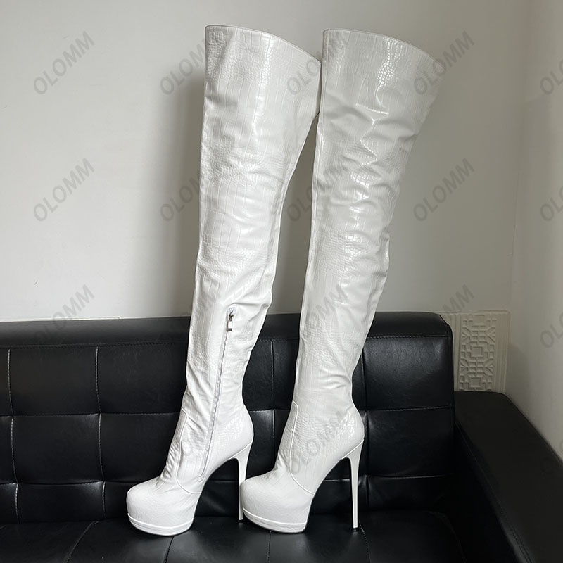 Olomm feita à mão plataforma feminina coxa botas altas crocodile Ultra High Heels redondo dedo dedo lindos sapatos de cosplay pretos nos tamanho 5-20