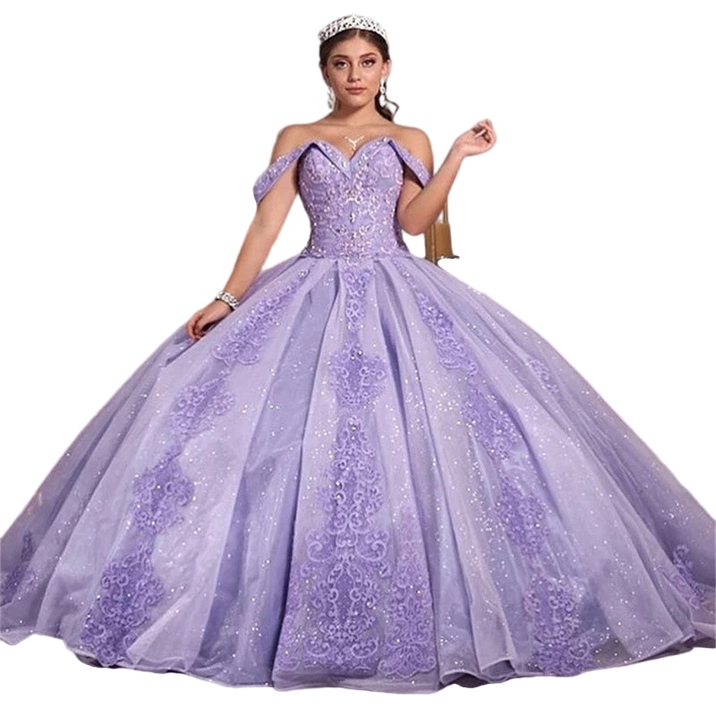 Lavender Lilac Glitter Quinceanera Dresses Mexican Off Shoulder Ball Gown Princess Long Sweet 16 Prom Dress 15 year old