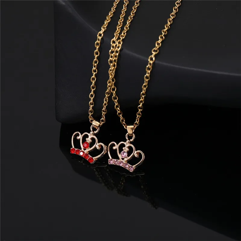 Fashion Red Rhinestone Crown Pendant Gold Plated Necklace Alloy South American Best Friends BFF Heart Childrens Necklaces Jewelry for Girls Sister Gift