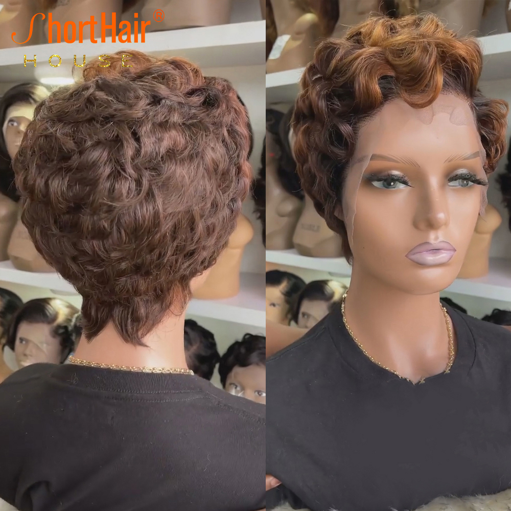 180Density Blonde Highlight Colored Short Curly Human Hair Wig 13X4 HD Lace Frontal Wigs Pixie Cut Bob Wigs Brazilian Hair Preplucked Hairline