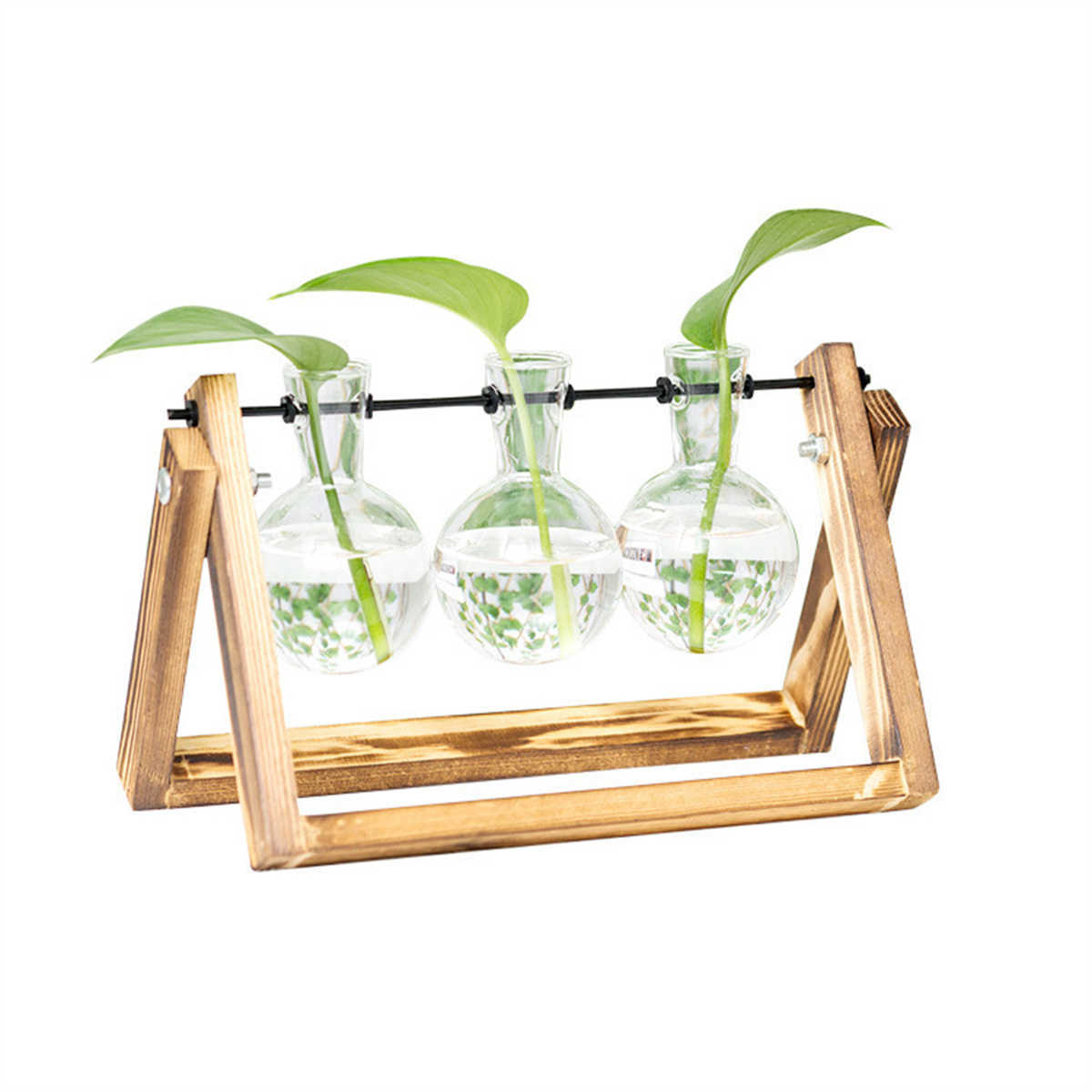 Nouveau vase en verre hydroponique plante récipient en verre vase transparent avec étagère en bois plante de bureau décoration de bureau à domicile