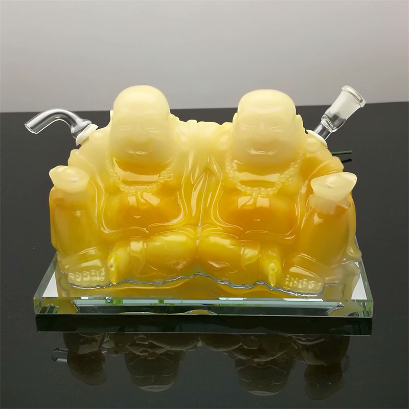 Tubi di vetro Fabbricazione di fumatori Narghilè soffiato a mano Narghilè con doppia statua di Buddha in resina di vendita calda
