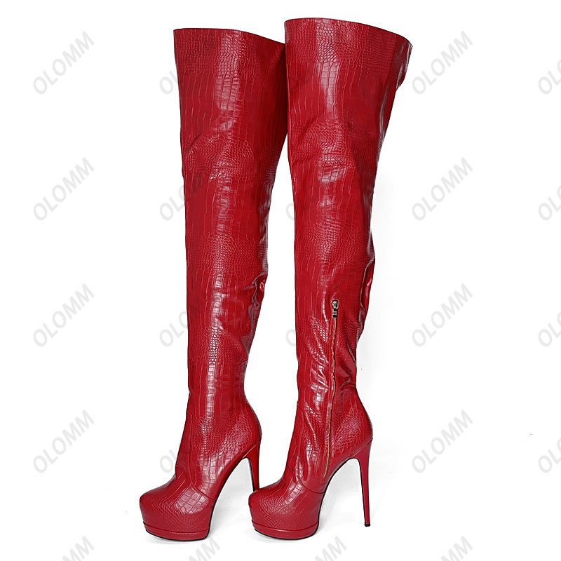 Olomm feita à mão plataforma feminina coxa botas altas crocodile Ultra High Heels redondo dedo dedo lindos sapatos de cosplay pretos nos tamanho 5-20