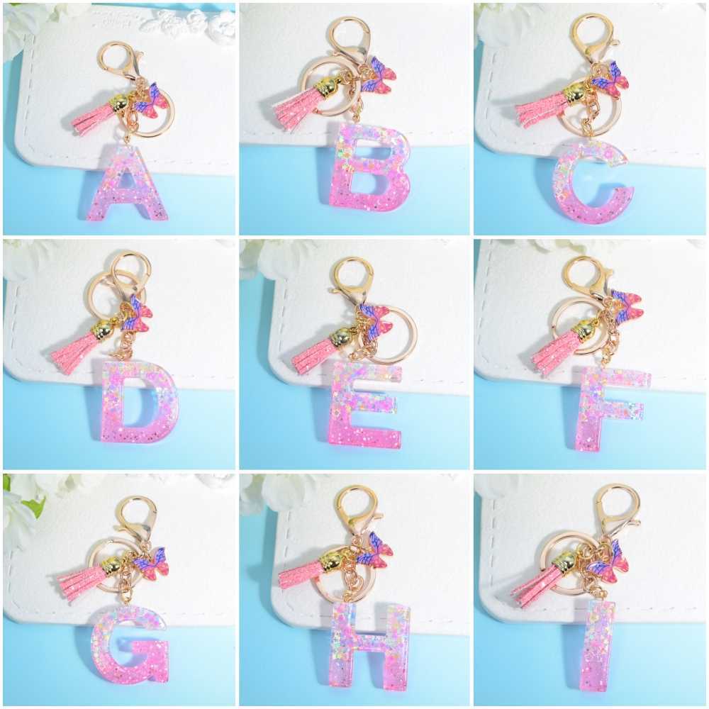 New Pink Star Filled Initials Keychain Resin A-Z Letter Keyring with Tassel Butterfly Pendant for Women Girls Purse Handbag Car Key