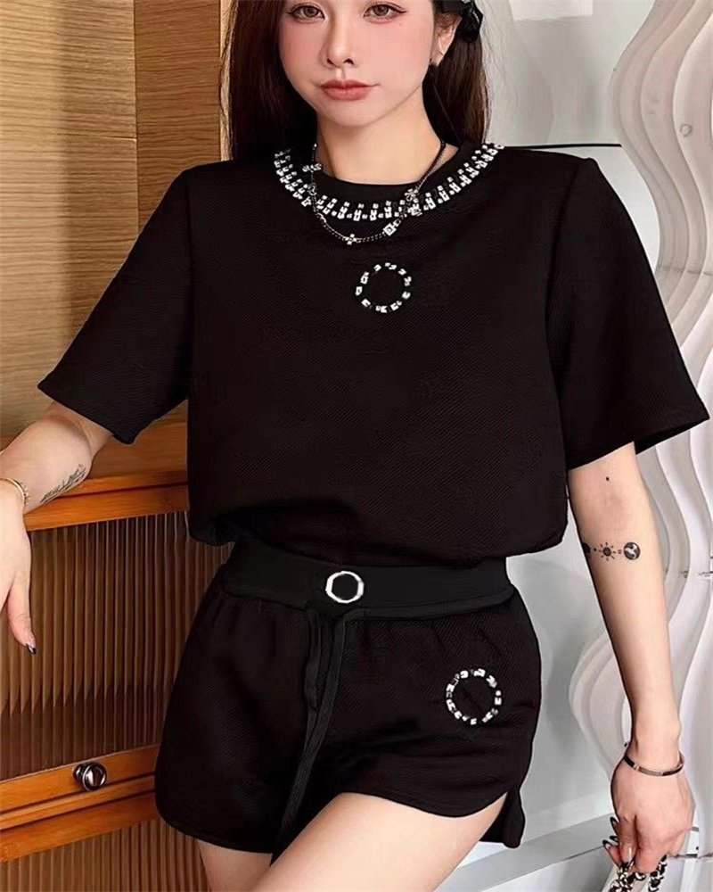 Women's Two Piece Pants Sequin Jacquard Short Sleeve with Shorts Sports Suit Slimming Preppy Casual Two-Piece Set Black White for Summer Tracksuits