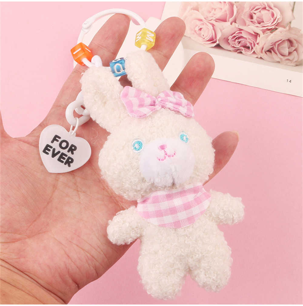 New Cute Cartoon Fluffy Rabbit Keychain Pink Bunny Doll Keyring for Girls Bag Ornaments Headphone Case Accessories Friendship Gift