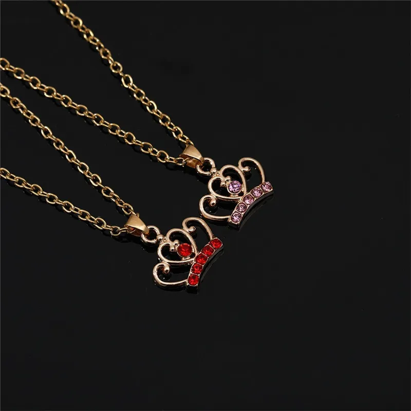 Fashion Red Rhinestone Crown Pendant Gold Plated Necklace Alloy South American Best Friends BFF Heart Childrens Necklaces Jewelry for Girls Sister Gift