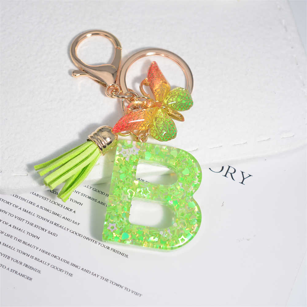 New Mini Green Star Filled Letter Keychain Resin 26 Initials Keyring with Butterfly Tassel Pendant For Women Bag Accessorie Gifts