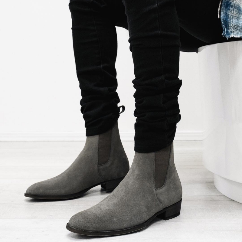 New Gray Chelsea Boots Flock Slip-On Round Toe Business Men Short Boots Size 38-46 Botas Cuturno Masculinas