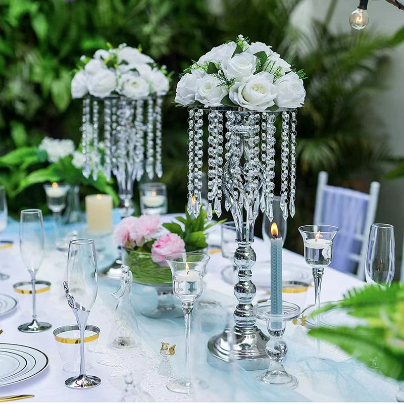 Silverguld Tall Crystal Chandelier Flower Vase Centerpieces Metal Flower Stand för bröllopsbord Händelse Födelsedag Hemdekoration Ocean Express