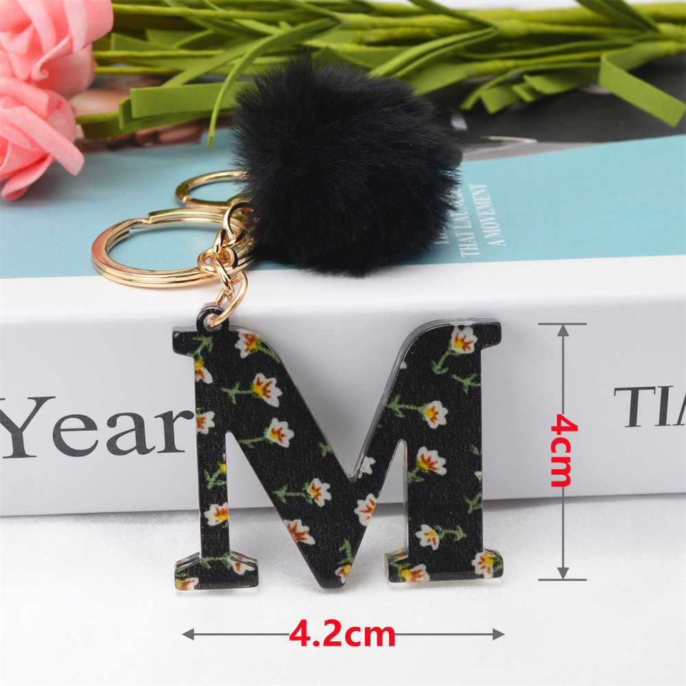 New A-Z Letters Keychian Acrylic Initials Key Ring with Black Fluffy Pompom Pendant for Women Girls Purse Handbags Accessories