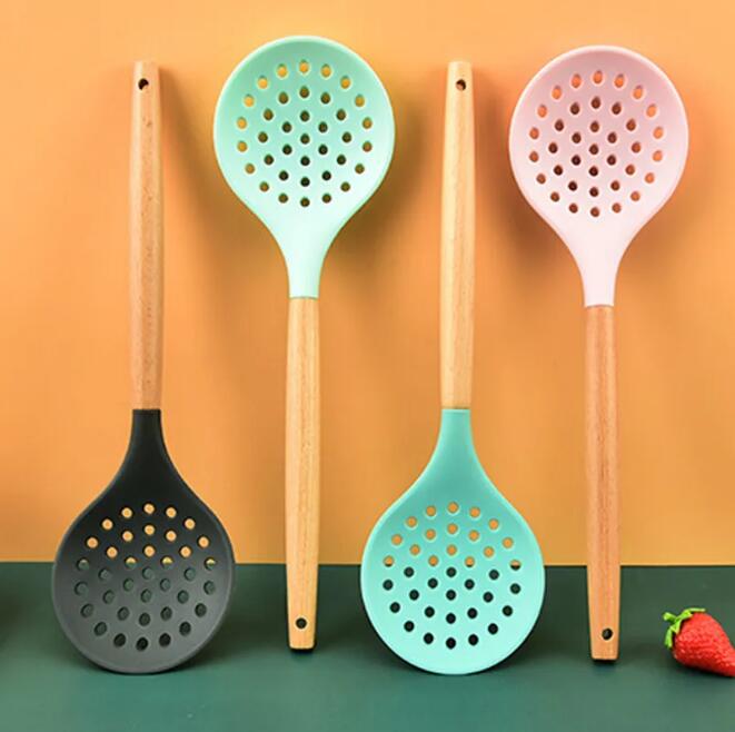 Passoire de cuisson en silicone antiadhésive manche en bois résistant à la chaleur passoire cuillère écumoire passoire cuisine outil de cuisine