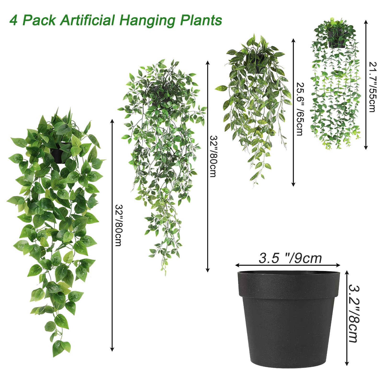 Plantas de penduramento de 1 pacote de 1 pacote com vasos de eucalipto plantas artificiais Vides verdes para decoração da casa da sala de estar Gabinete de chuveiro de parede