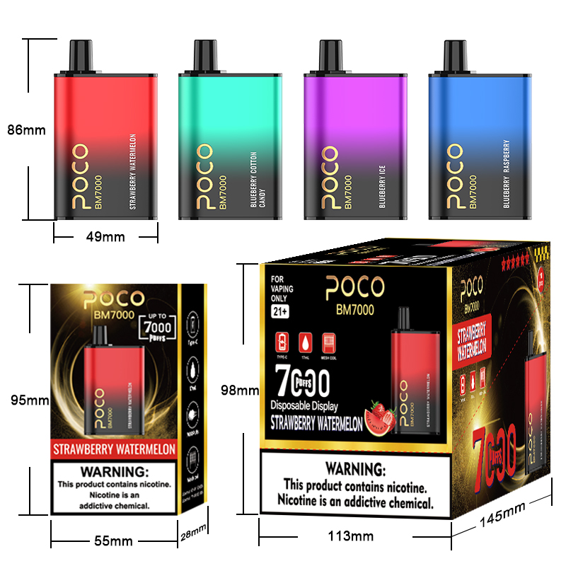 ABD depo Orijinal 7000 puf Tek Kullanımlık Vape Poco BM7000 Elektronik Sigara Vape Kalem Şarj Edilebilir Hava Akımı Ayarlanabilir 17 ML 10 tatlar Cihaz