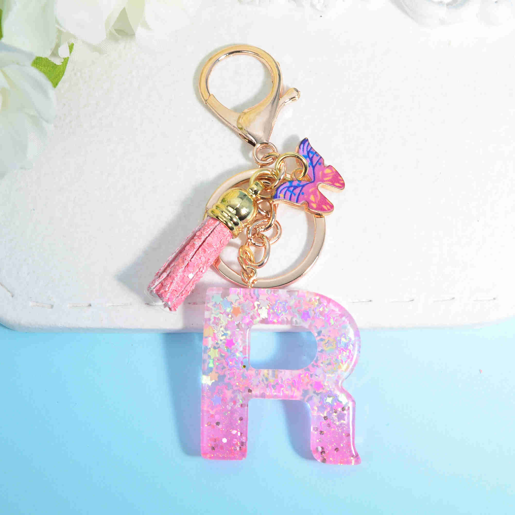 New Pink Star Filled Initials Keychain Resin A-Z Letter Keyring with Tassel Butterfly Pendant for Women Girls Purse Handbag Car Key