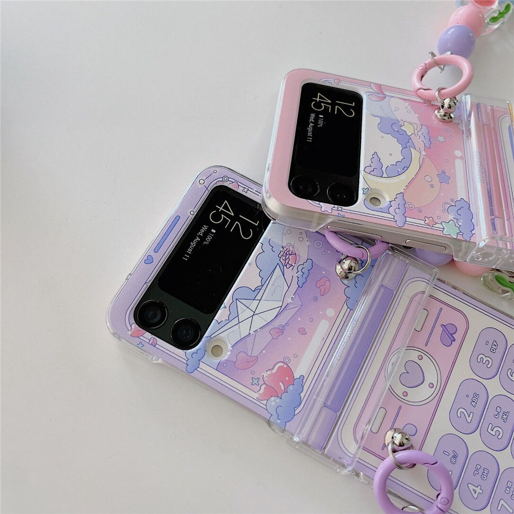 Cute Retro Mobile Phone Case for Samsung Galaxy Z Flip4 3 Hinge Full Cover Rainbow Beads Strap