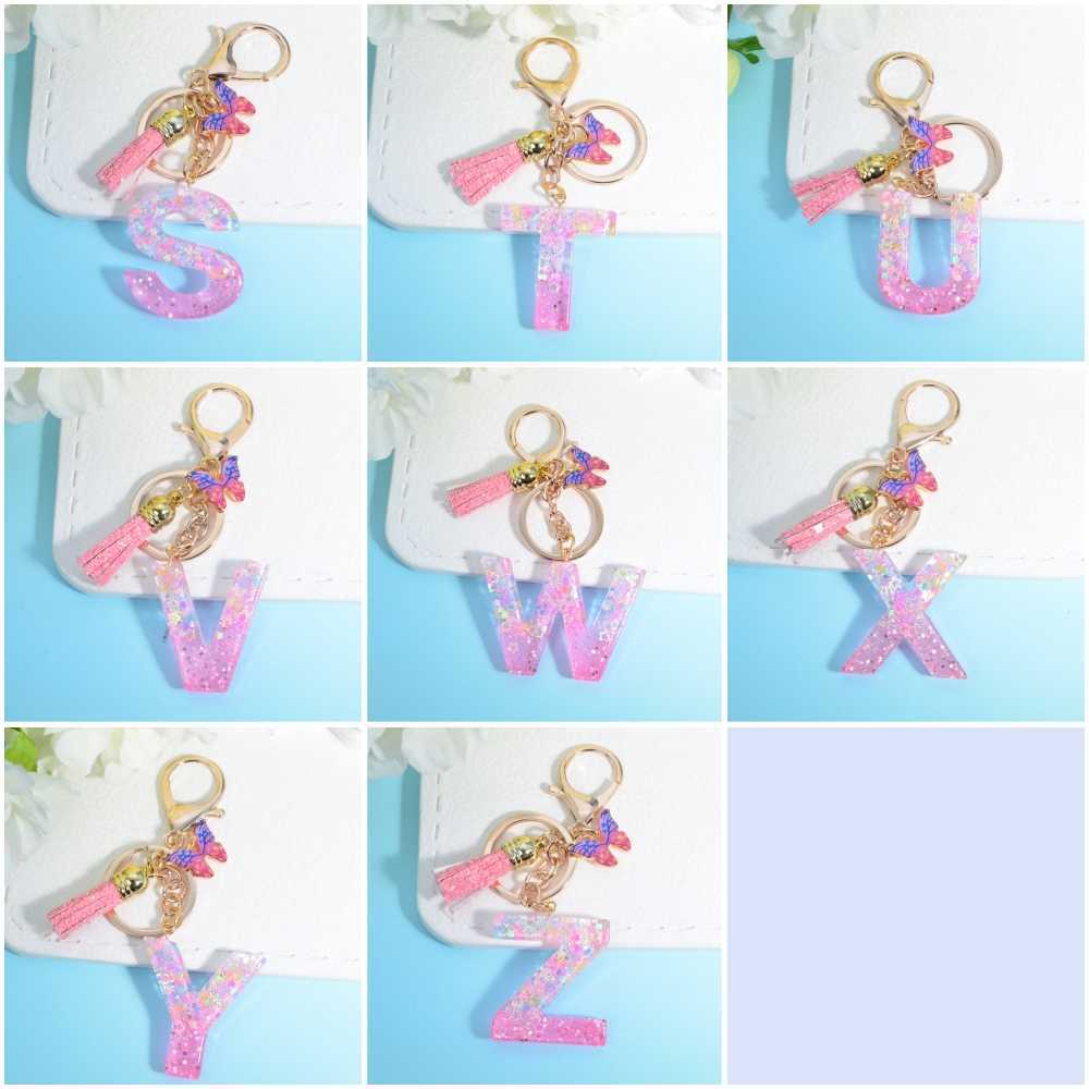 New Pink Star Filled Initials Keychain Resin A-Z Letter Keyring with Tassel Butterfly Pendant for Women Girls Purse Handbag Car Key