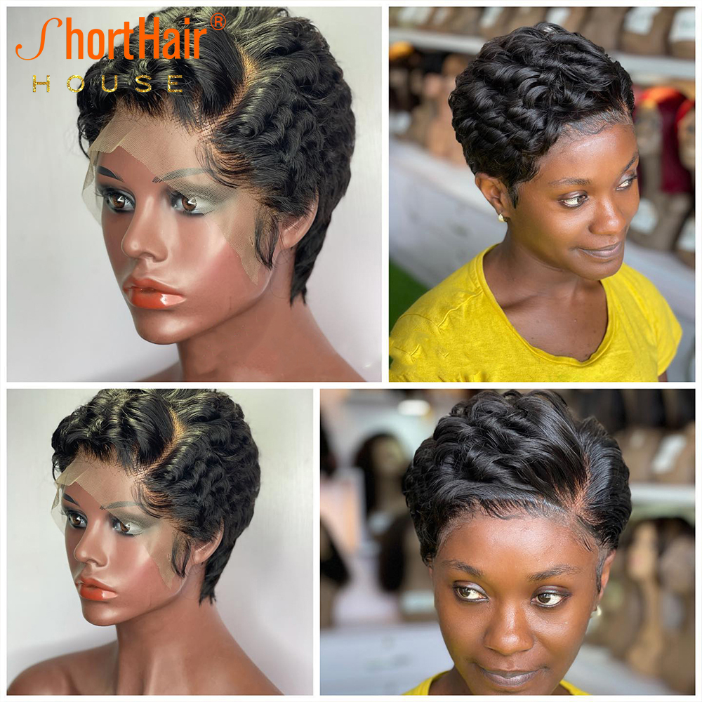 180Density Blonde Highlight Colored Short Curly Human Hair Wig 13X4 HD Lace Frontal Wigs Pixie Cut Bob Wigs Brazilian Hair Preplucked Hairline