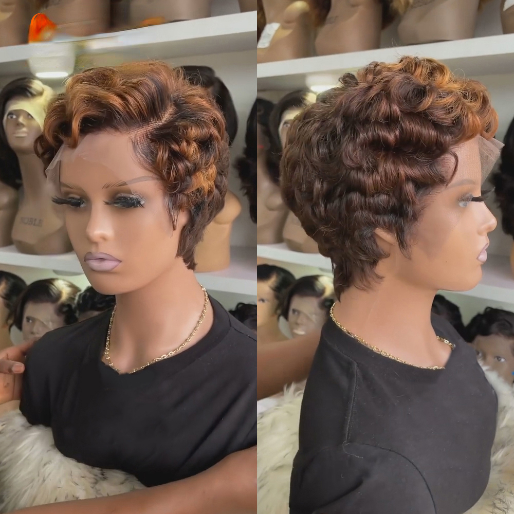 Highlight Colored Short Pixie Cut Bob Body Wave Human Hair Wigs Transparent Lace 13X4 Lace Frontal Wigs For Black Woman Brazilian Hair Brown Wig 180%