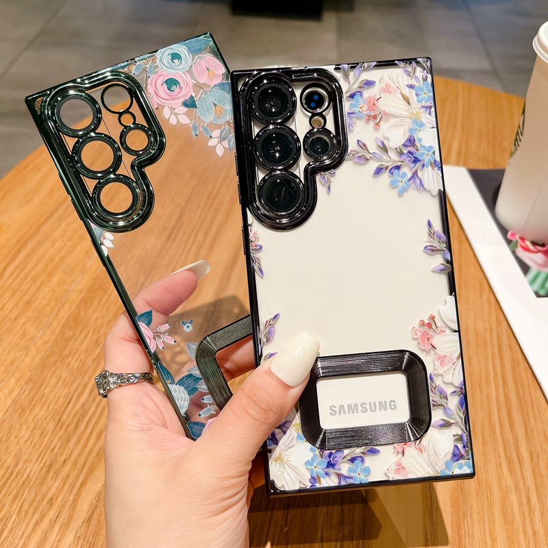 S24 Summer Flower Chromed Falls för Samsung S23 Ultra S22 Plus Luxury Floral Stylish Fashion Clear Soft TPU Camera Lens Protector Fine Hole Bling Plating Telefonskydd