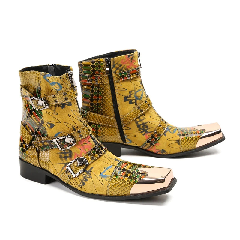 Punk Rock Men Boots Square Toe Golden Leather мужские ботинки Zip Golden Cap Head Boots Motorcle Men, большой размер 38-46