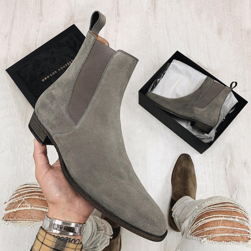 New Gray Chelsea Boots Flock Slip-On Round Toe Business Men Short Boots Size 38-46 Botas Cuturno Masculinas