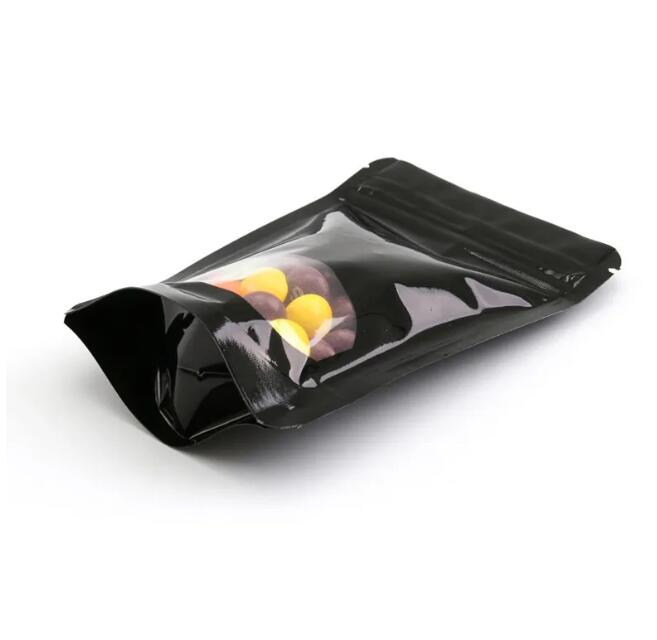 Black Color Snack Self seal Bag with Clear Window Stand Up Pouch Bags Various Sizes Zipper Top Heat Sealable Glossy