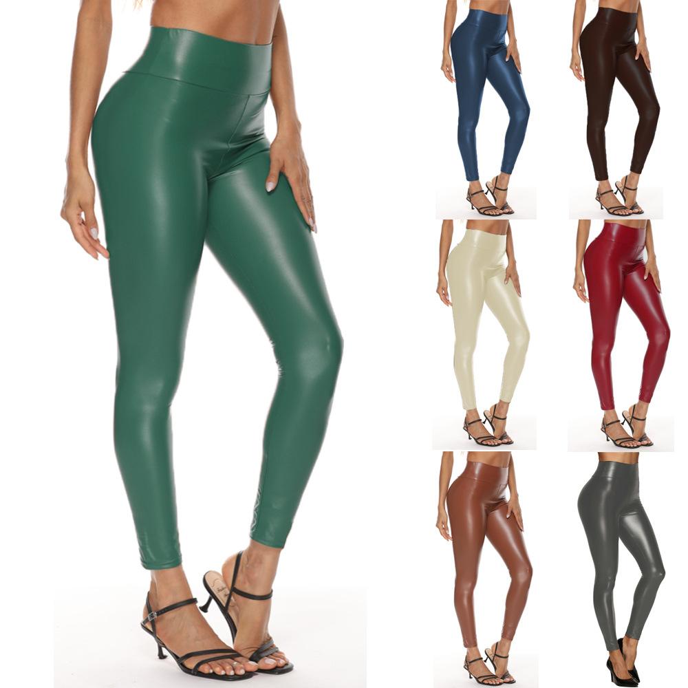 Leggings de couro falso leggings mulheres látex cintura alta brilhante desgaste estiramento molhado olhar leder calças justas sexy moldar casual borracha elastano