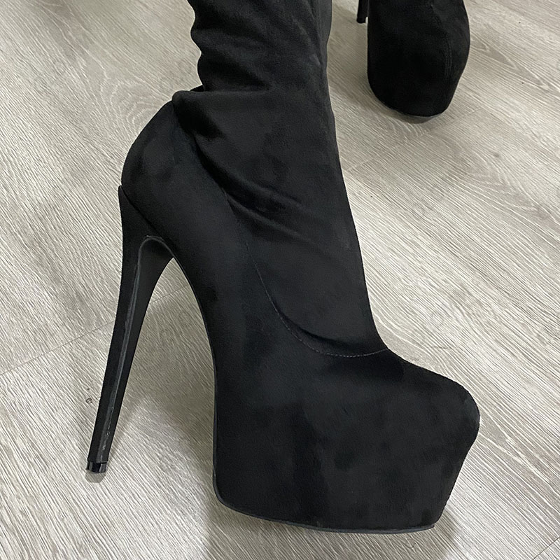 Olomm hecho a mano mujer plataforma muslo botas altas Unisex tacones de aguja punta redonda elegante negro Cosplay zapatos tamaño EE. UU. 5-20