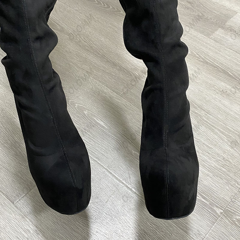 Olomm hecho a mano mujer plataforma muslo botas altas Unisex tacones de aguja punta redonda elegante negro Cosplay zapatos tamaño EE. UU. 5-20