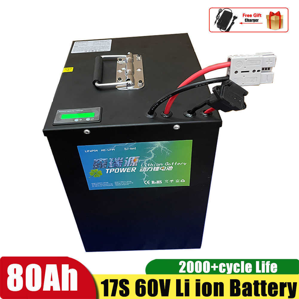 17S 60V 80AH Battery Pack Lithium Li ion com BMS Bluetooth App para Scooter/Motorcicleta Elétrica +71.4V 10A Carregador