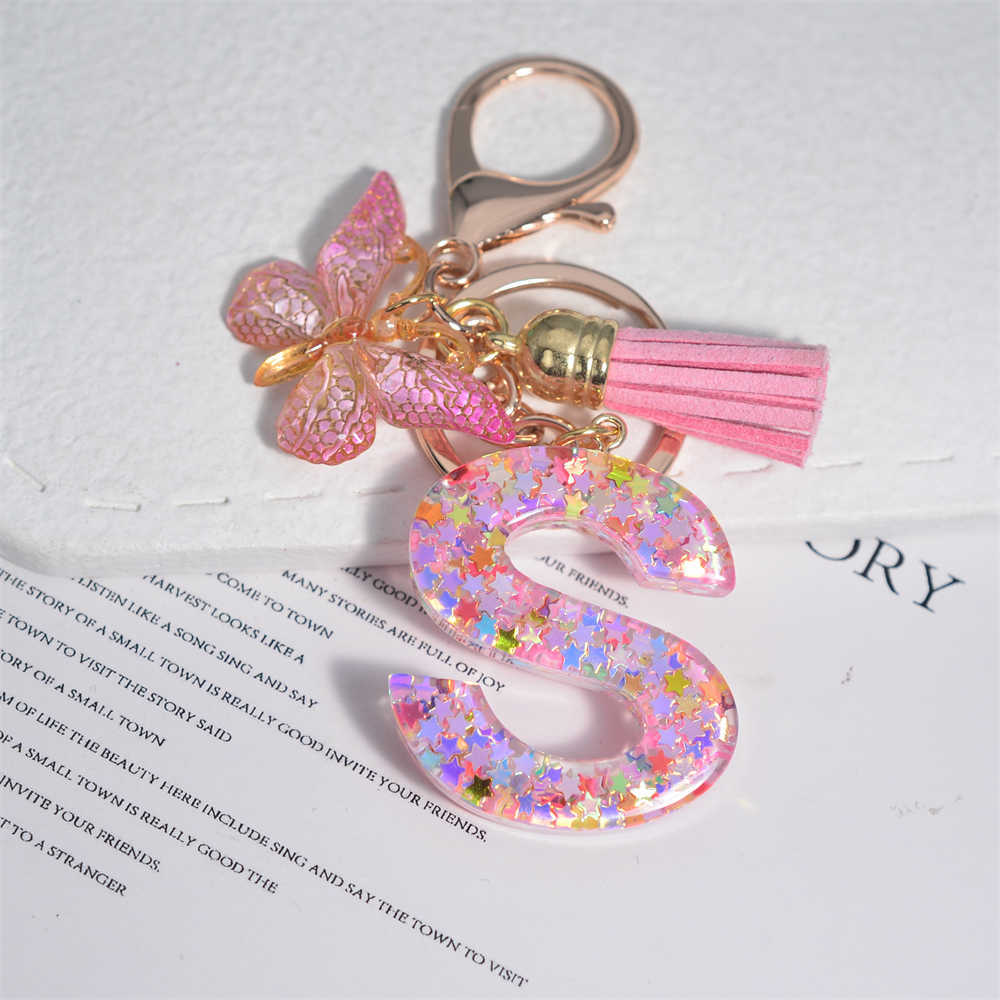 New Pink Resin Initial Letters Keychain Tassel Butterfly Pendant Keyring for Girls Women Purse Handbags Car Keys Accessories