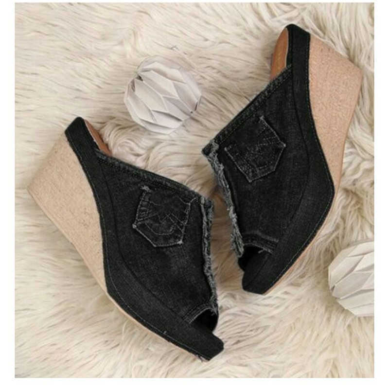 Slippare 2021 Ny kvinnors plattform Summer denim tofflor Women Wedge Heel Sneakers S Shoes Sandaler Stor storlek 42 43 Zapatos de Mujer J230519