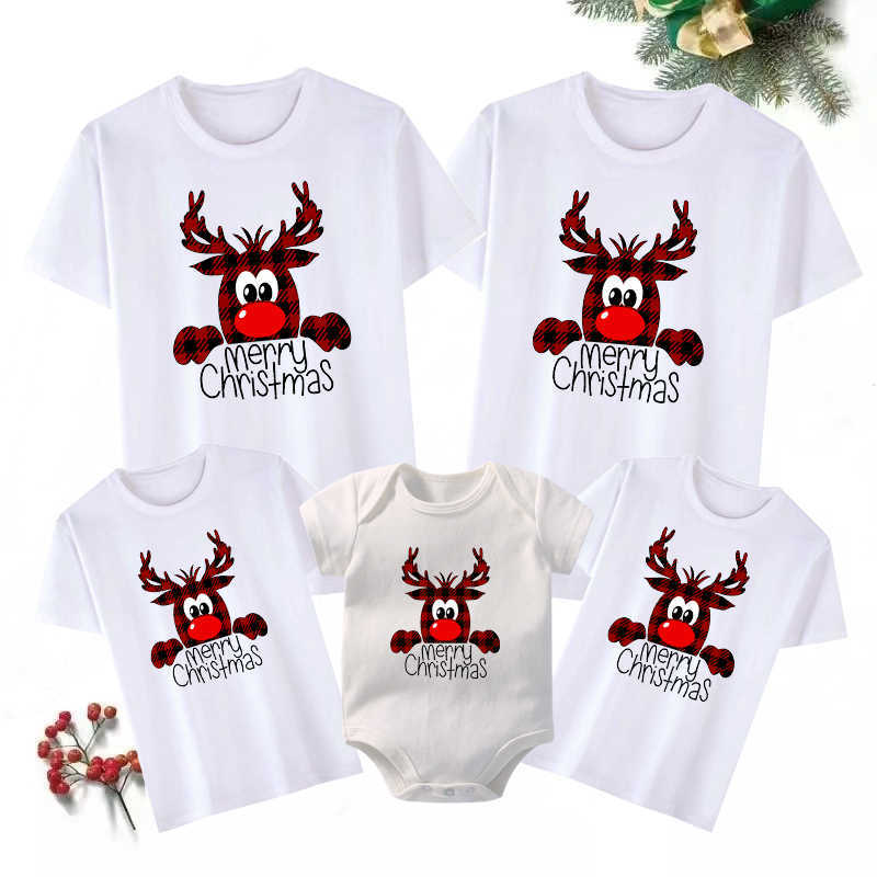 Family Matching Outfits Merry Christmas plaid deer print family matching clothes fun father mother child T-shirt baby jumpsuit cotton New Year clothing G220519