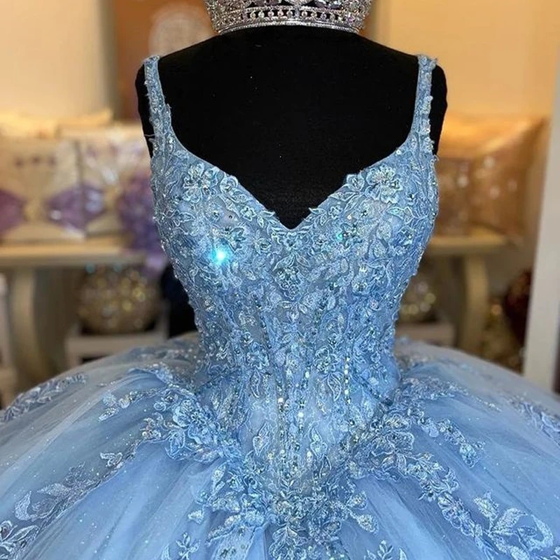 Bleu ciel robes de Quinceanera Sexy col en v 3D fleur 15e robe de soirée perles corset à lacets Vestidos De Debutante robes d'anniversaire