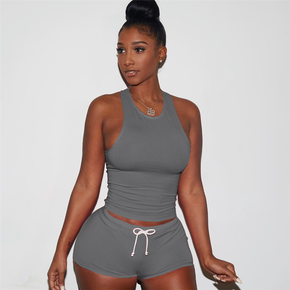 women Cotton Tracksuits designer Solid Simple Slim Vest Tops Drawstring Shorts Two Piece Set Casual Gym Jogging Outfits 9882