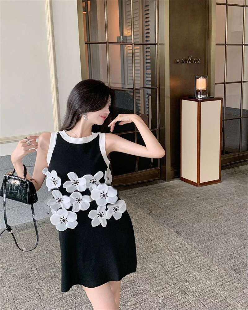 Women Knit Dress Slim 3D Flower Sleeveless Summer Elegant Evening Patry Color Matching Femmes Vestido